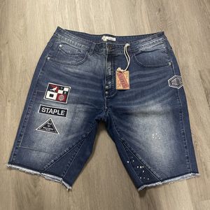 STAPLE MENS BLUE W/ RED AND WHITE DENIM FRAYED SHORTS SIZE 36 NEW RETAIL 72
